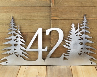 House Number Sign, Outdoor Metal Address Plaque, Lake House Sign, Rustic Home Decor, 2 Digit, Pine Trees