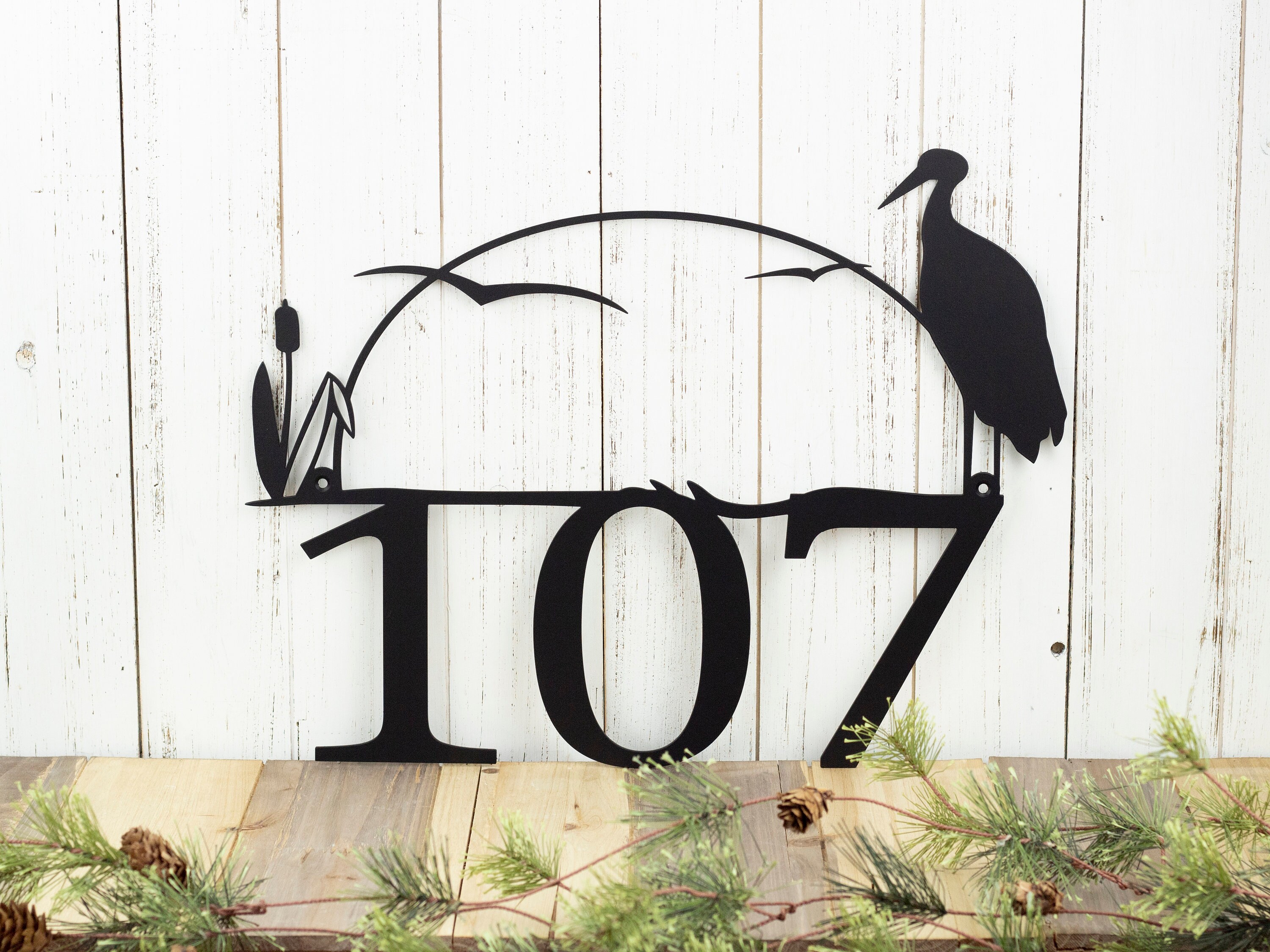 Outdoor House Number Metal Sign with Heron and Cattails Black, 17x13