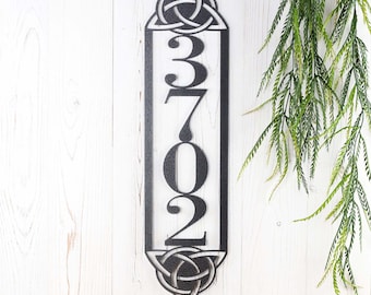 Vertical House Number, Celtic Knot Wall Decor, Metal Sign Personalized Outdoor, Vertical Address Plaque