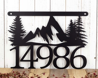 House Number Plaque with Mountains and Pine Trees, Metal Sign, Cabin Signs, Lake House Decor, Rustic