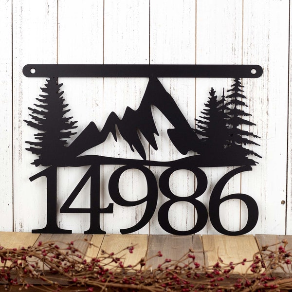 House Number Plaque with Mountains and Pine Trees, Metal Sign, Cabin Signs, Lake House Decor, Rustic