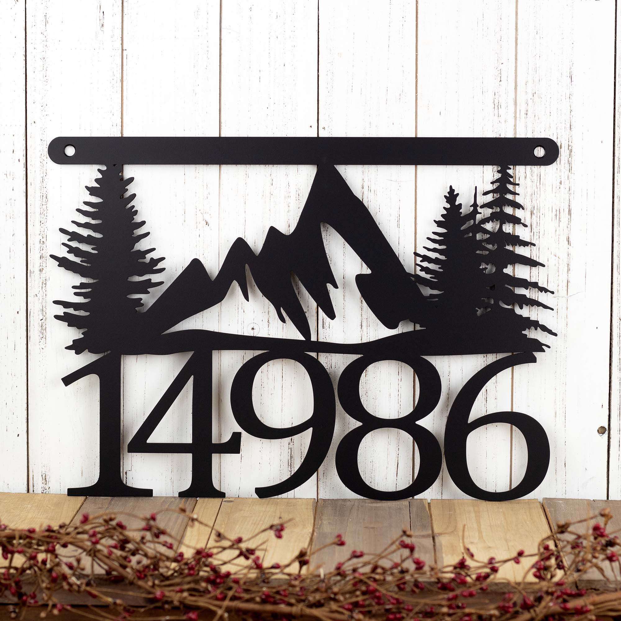 House Number Plaque with Mountains and Pine Trees, Metal Sign 