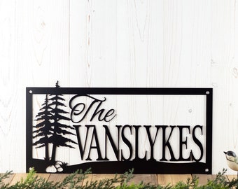 Custom Outdoor Family Last Name Metal Sign with Pine Trees and Rocks, Custom Sign, House Sign