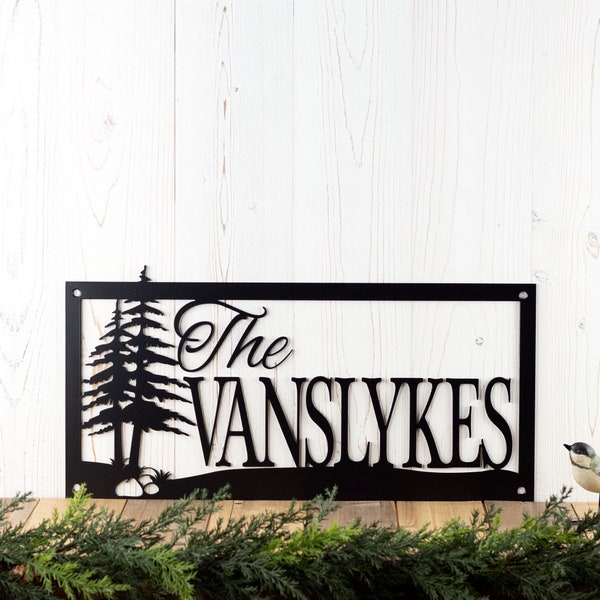 Custom Outdoor Family Last Name Metal Sign with Pine Trees and Rocks, Custom Sign, House Sign