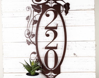 Vertical House Number with Vines, Metal Address Plaque, Outdoor Sign, Laser Cut Metal, Fleur de lis