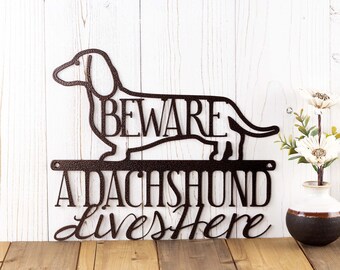 Dachshund Decor, Beware of Dog Sign for Gate, Metal Signs Outdoor, Doxie Gift, Sausage Dogs, Weiner Dog Art