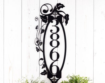 Vertical House Numbers Metal Plaque with Vines and Fleur De Lis