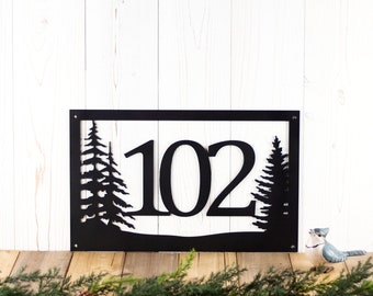 Rustic Metal House Number Sign with Pine Trees, Address Plaque, Cabin Signs, Housewarming Gift