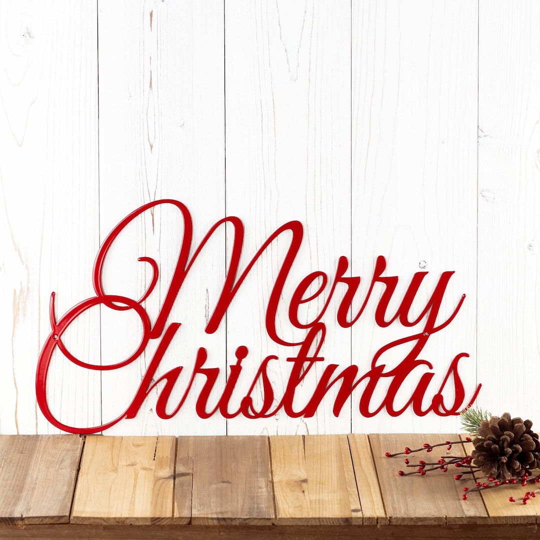 Red Metal Merry Christmas Sign, Beautiful Script, Foyer Sign, Holiday