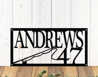 Last Name Metal Sign for Outdoor, Hanging Address Sign with House Numbers, Fishing Father's Day Gift