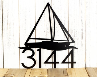 Nautical Sailboat House Number Sign - Metal, Black, 12x13, Laser Cut, Nautical Decor, House Number, Address Sign, Address