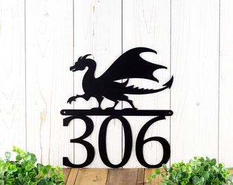 House Number Metal Sign with Dragon Silhouette