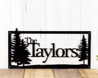 Personalized Family Name Metal Sign with Pine Tree Forest Scene