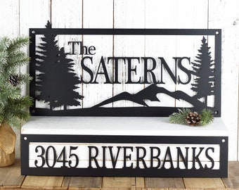 Custom Family Name Sign, House Address Sign, Custom Metal Wall Art, Laser Cut Name Sign, Mountain Address Sign, Cottage Sign