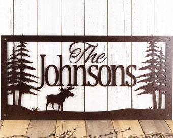 Family Name Sign, Metal Sign Personalized Outdoor, Cabin Signs Personalized, Lake House Decor, Moose Wall Art