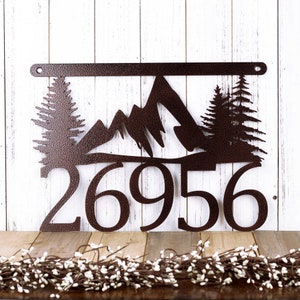 Personalized Metal House Number Sign with Rocky Mountain Range Silhouette & Evergreen Pine Trees Scene, Hanging Custom Steel Address Plaque