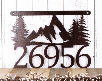 Custom Metal House Number Sign with Mountains, Outdoor Address Plaque, Housewarming Gift, Farmhouse Decor