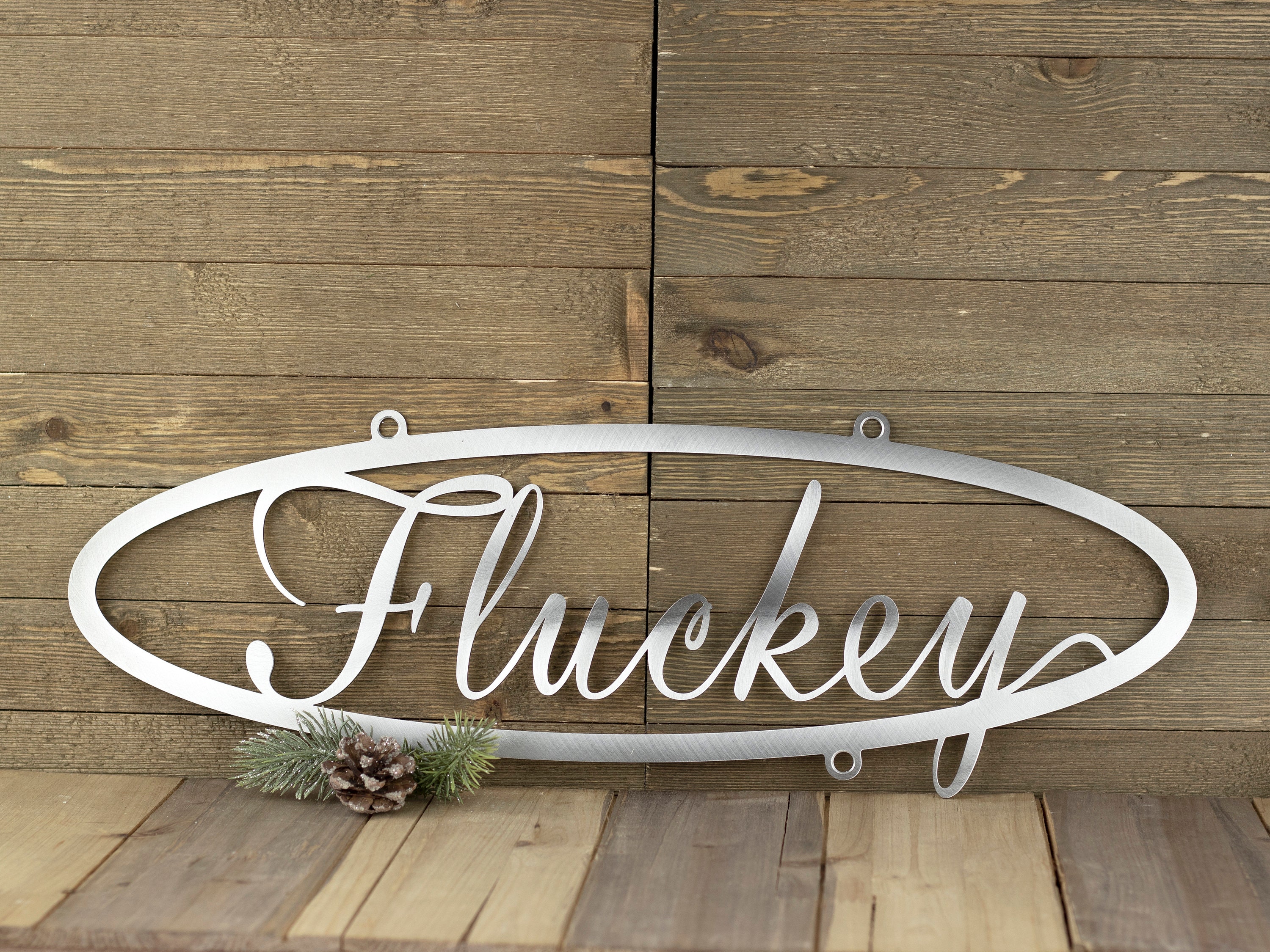 CUSTOM Family Name Oval Metal Sign Silver Vein 20W x 6.5H Laser