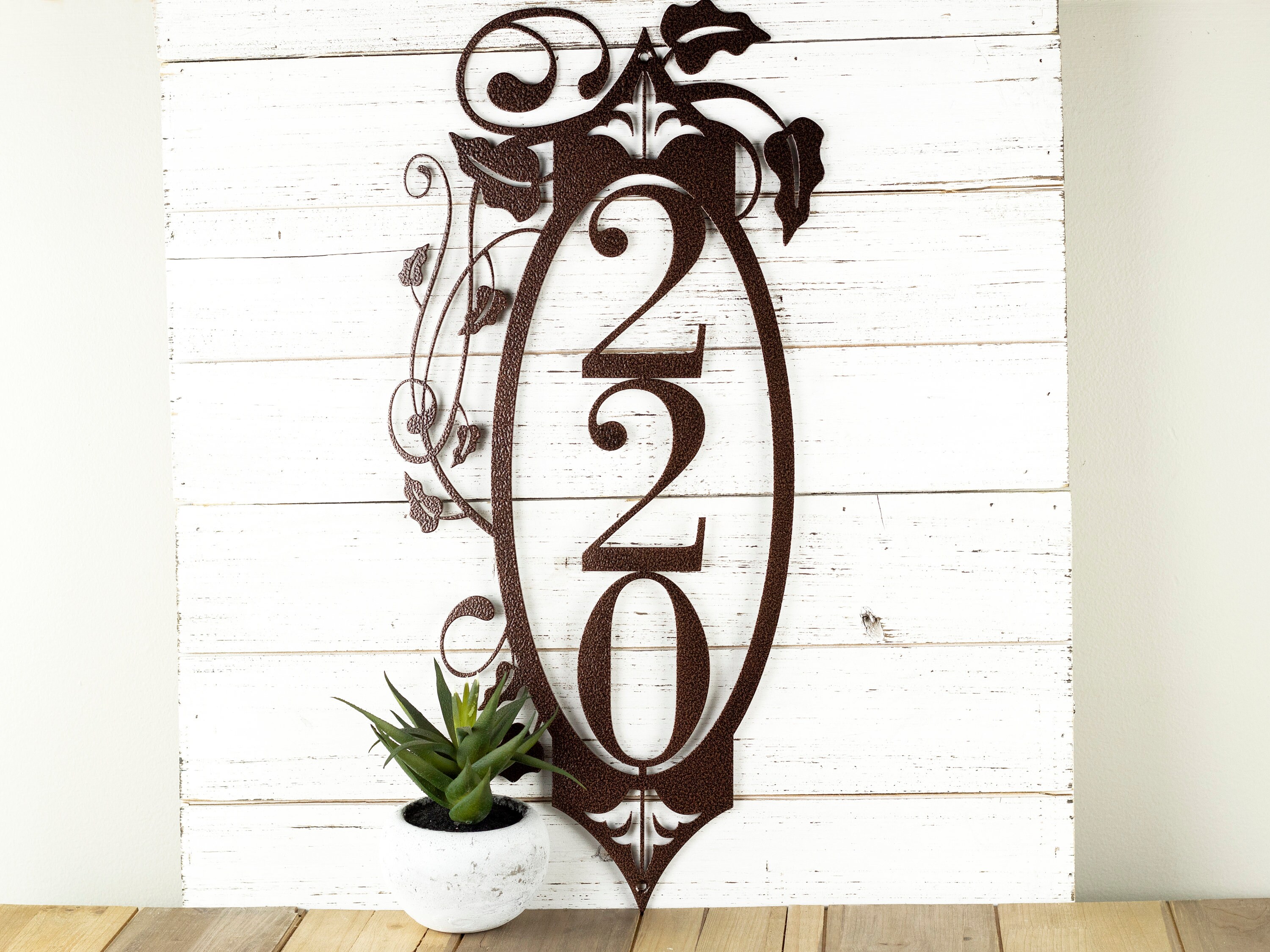 Vertical House Number With Vines Metal Address Plaque Outdoor Signs Laser Cut Copper Vein Shown Metal Address Plaque, Outdoor Metal Address Signs