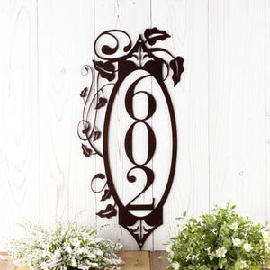 Vertical House Number with Vines, Metal Address Plaque, Outdoor Sign, Laser Cut Metal, Fleur de lis
