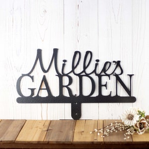 Personalized garden sign with first name, in silver vein powder coat.