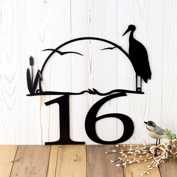 Outdoor House Number Metal Sign with Heron and Cattails, Custom Sign, Address Sign