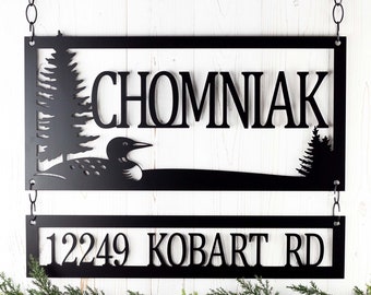 Personalized Family Name and Address Metal Sign with Lake Loon