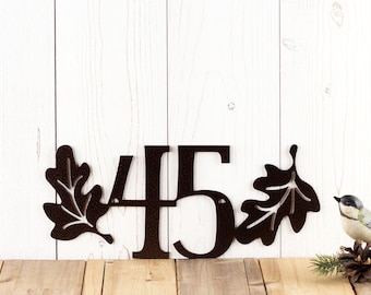 Custom Outdoor House Number Metal Sign with Oak Leaves, Address Plaque, Outdoor Sign, Personalized Sign