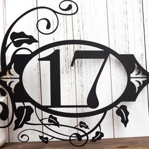 2 digit metal house number sign with fleur de lis and vines, in matte black powder coat.
