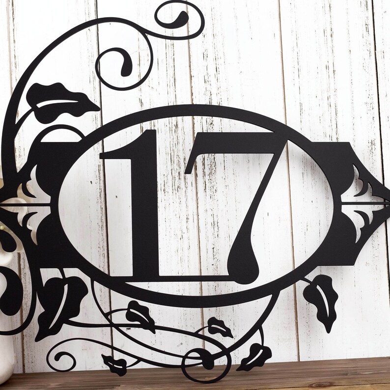 2 digit metal house number sign with fleur de lis and vines, in matte black powder coat.