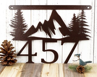 Metal House Number Plaque, Mountains, Pine Trees, Outdoor Hanging Address Sign, Housewarming Gift