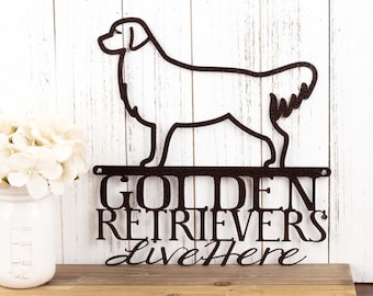 Golden Retrievers Live Here Metal Sign, Beware of Dog Sign, Metal Wall Art, Outdoor Plaque, Dog Mom