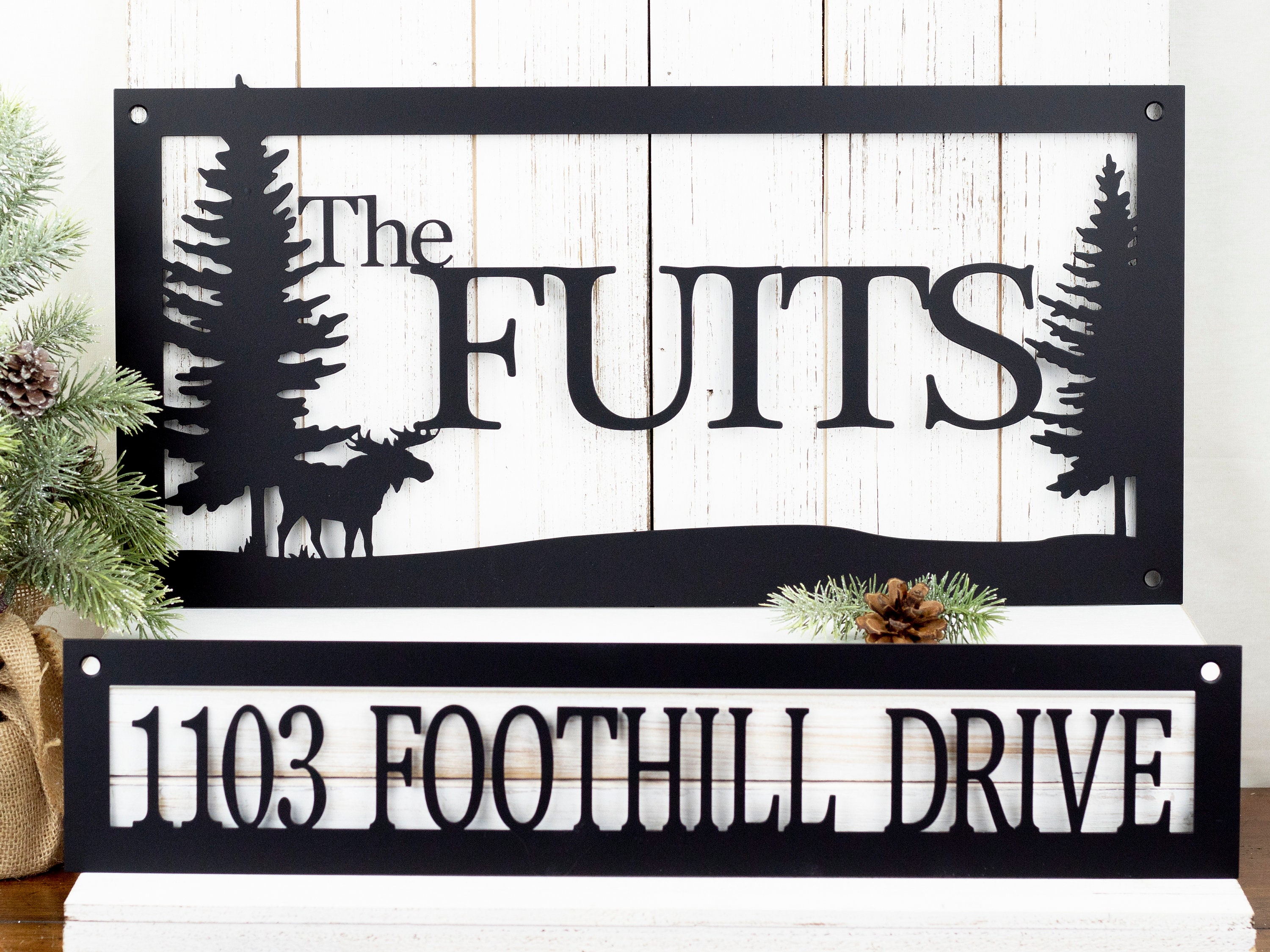 Custom Family Name and Address Metal Signs Black, Moose, Outdoor Sign