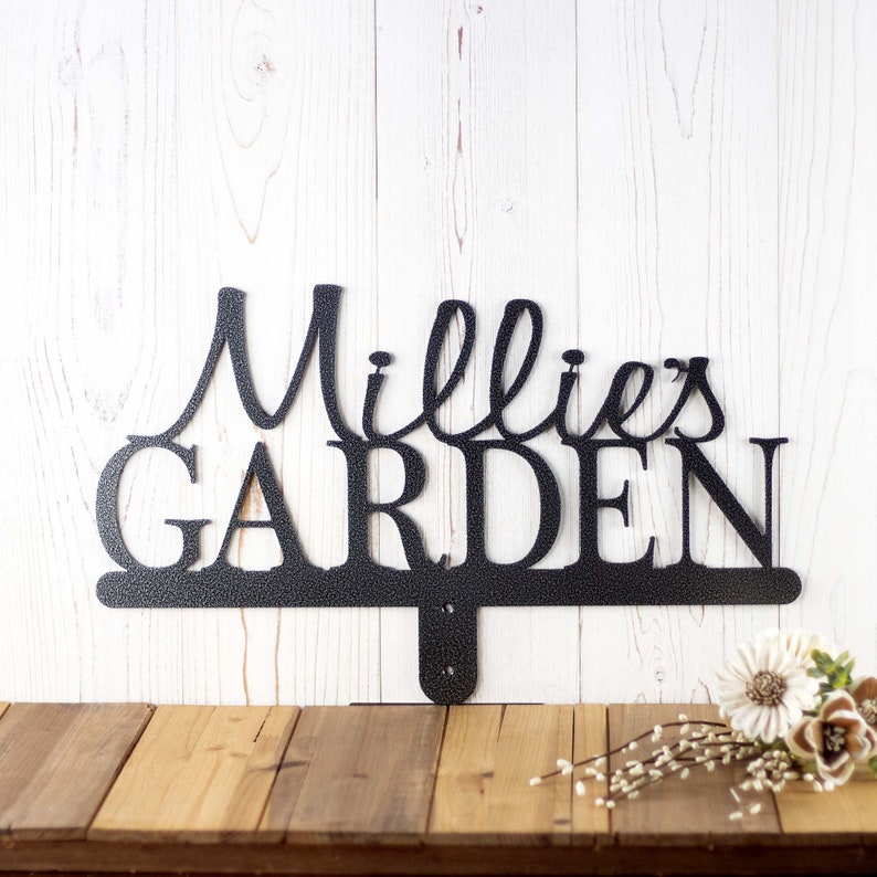 Custom garden name sign with first name, in silver vein powder coat.