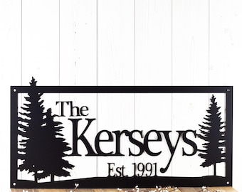 Personalized Family Last Name and Established Year Metal Sign, Rustic Pine Trees Nature Scene Wall Art, Custom Farm Est. Date Steel Plaque
