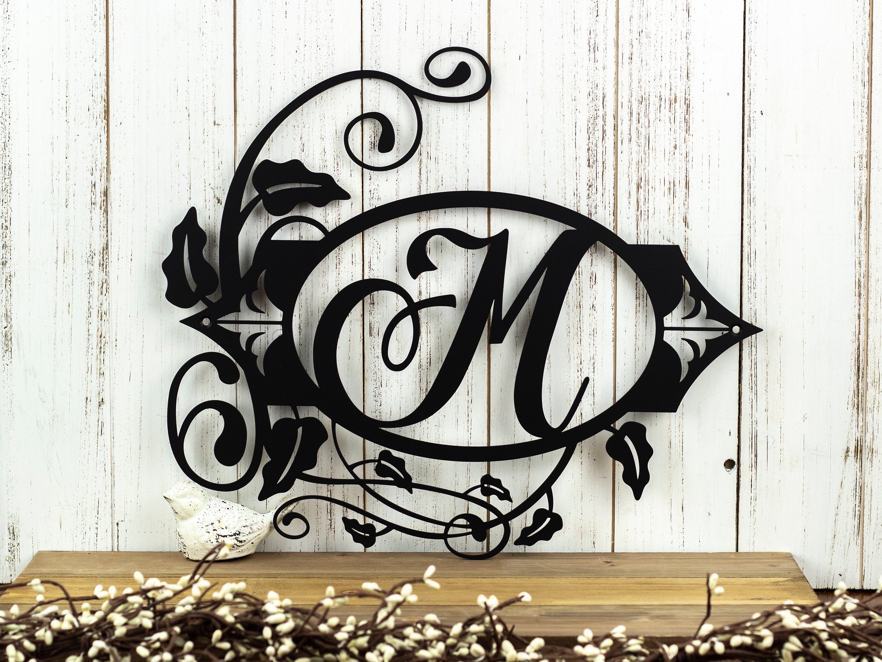 Metal Family Sign | Vine Monogram | Flourish Monogram | Outdoor Metal Wall Art | Personalized ...