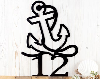 Nautical House Number Metal Sign with Boat Anchor Silhouette