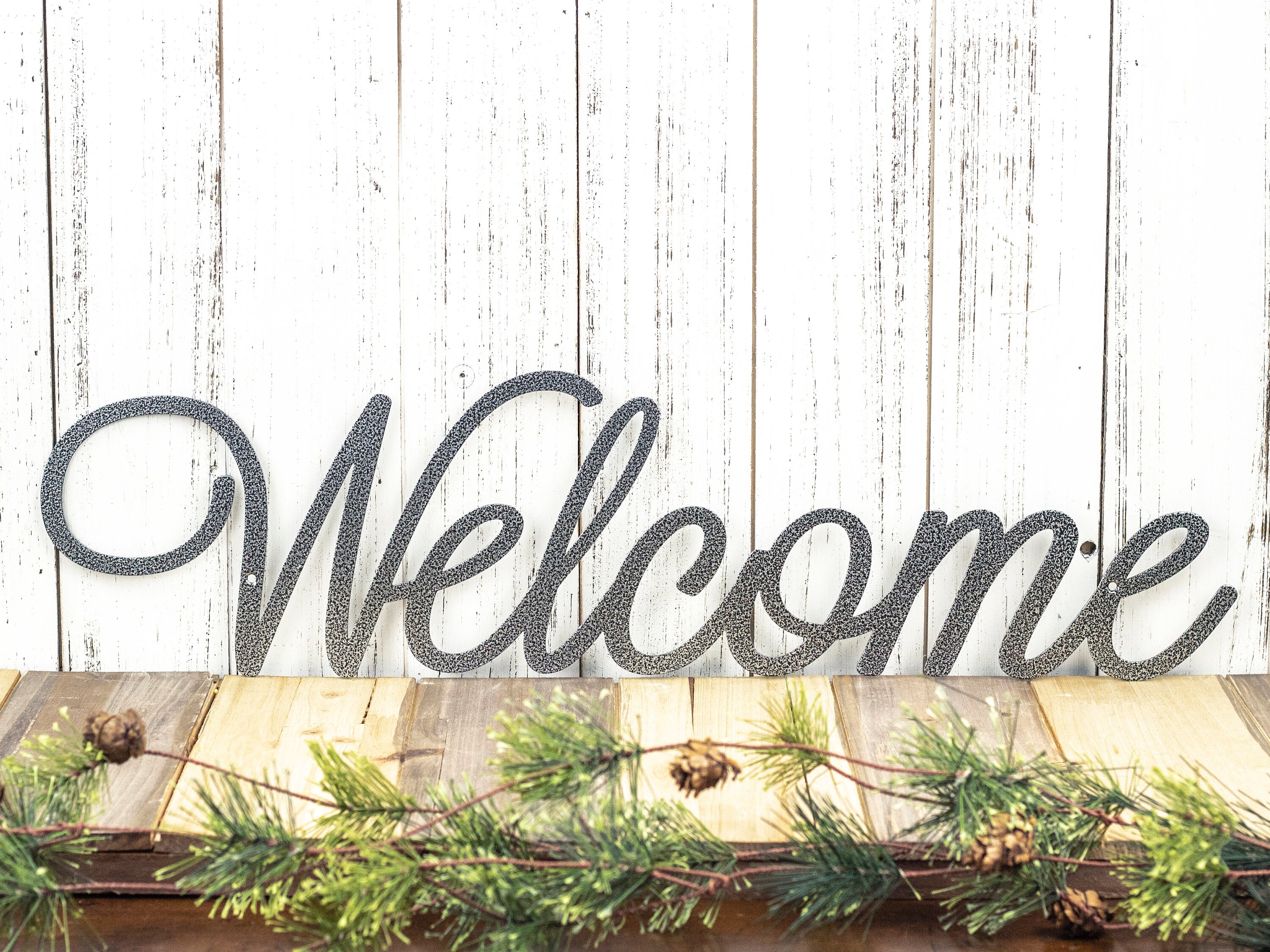 Welcome Script Metal Sign Silver 22x5 5 Word Art Wall Decor