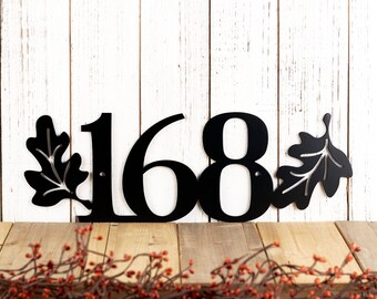 Custom Outdoor House Number Metal Sign with Oak Leaves - Address Plaque, Outdoor Sign