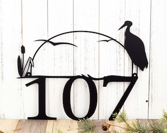 Outdoor House Number Metal Sign with Heron and Cattails, Custom Sign, Address Plaque, Lake House Decor, Personalized Sign