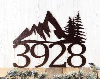 House Number Sign with Mountains, Metal Address Plaque, Lake House Decor, Outdoor Metal Wall Art, Laser Cut Metal