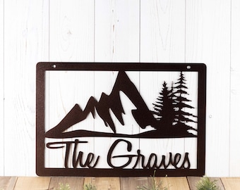 Mountain Family Name Sign, Custom Metal Sign, Personalized Name Sign, Metal Wall Art, Wedding Gift, Pine Trees, Rectangular