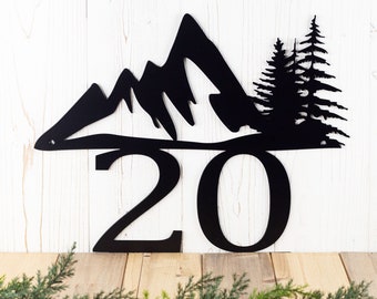 House Number Metal Sign with Mountain Scene