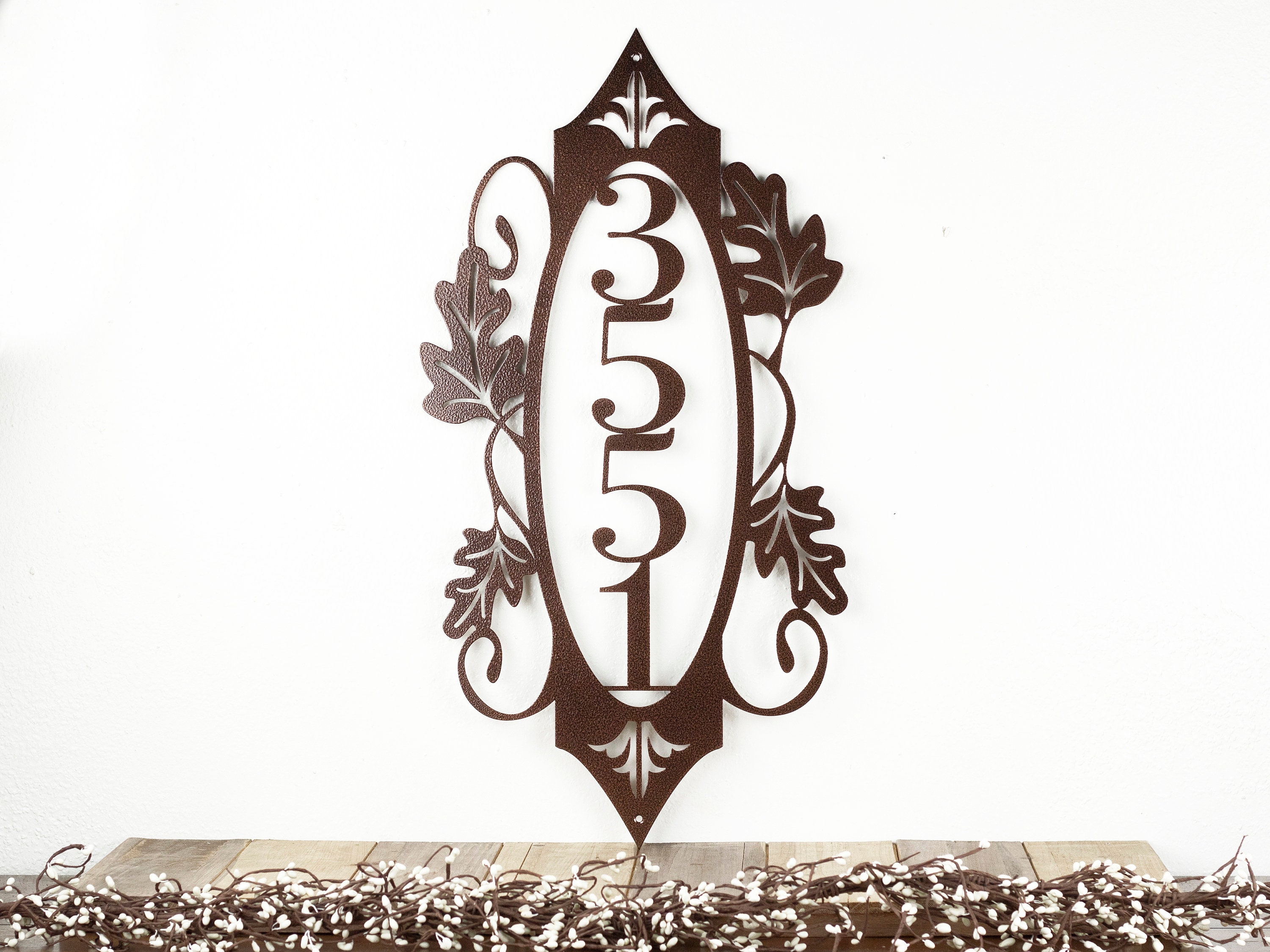 Vertical Address Plaque, House Numbers Sign, Metal Sign Outdoors, Leaf