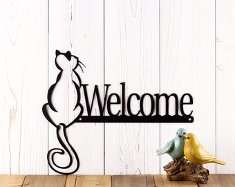 Cat Welcome Sign, Metal Wall Art, Cat Lover Gift, Outdoor Welcome Plaque