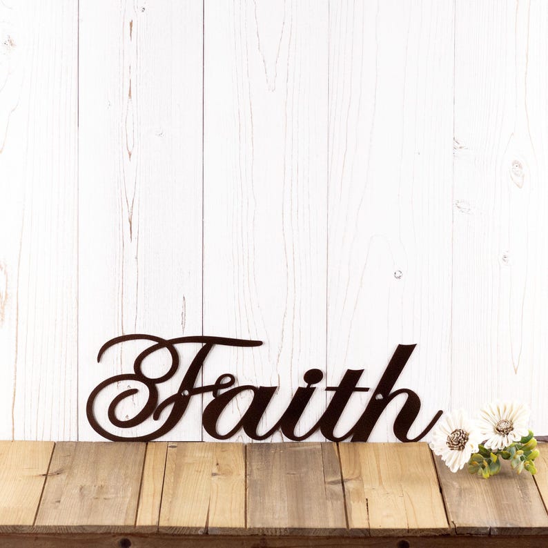 Faith metal sign with cursive lettering, in copper vein powder coat.