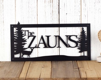 Custom Family Last Name Metal Sign with Whitetail Doe Deer Silhouette and Forest of Pine Trees, Personalized Outdoor Farmhouse Steel Plaque