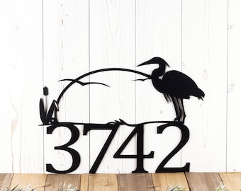 House Number Metal Sign with Great Blue Heron Silhouette