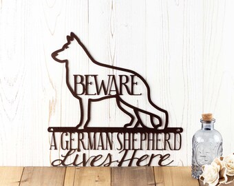 German Shepherd Breed Metal Sign, Beware of Dog on Premises Steel Outdoor Plaque, Cute Alsatian K9 Wall Hanging, Mom & Dad Pet Owner Gift