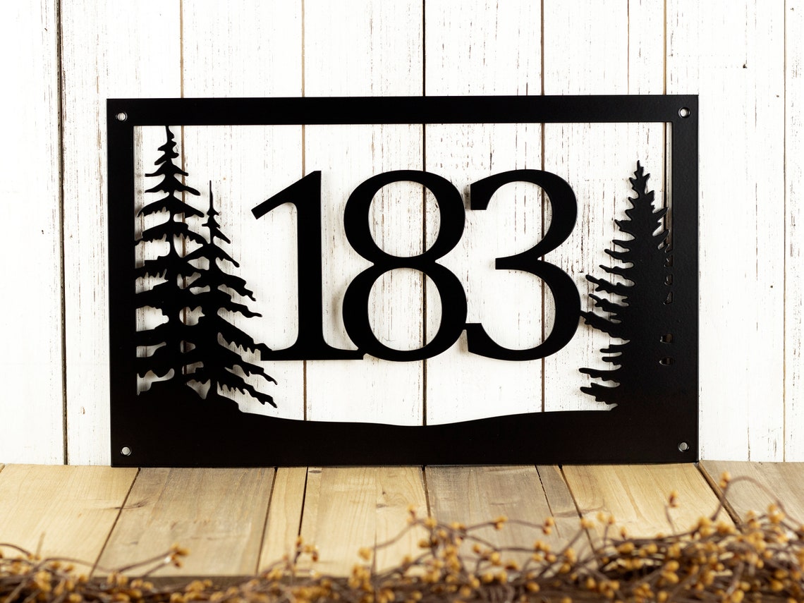 Image showcasing Rustic Metal House Number Sign With Pine Trees Address | Etsy